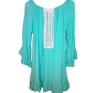 Jem Clothing Aqua Blue with white crochet accent hippie Top flare sleeve XL